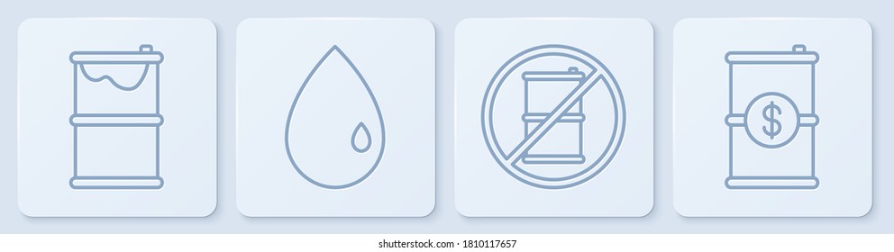 Set line Barrel oil leak, No barrel for gasoline, Oil drop and Barrel oil with dollar. White square button. Vector