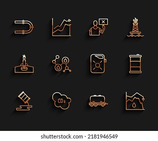 Set Line Barrel Oil Leak, CO2 Emissions In Cloud, Industry Pipe, Oil Railway Cistern, Drop Crude Price, Molecule,  And Canister For Motor Icon. Vector