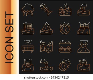 Set line Barrel oil leak, Volcano eruption with lava, Nuclear power plant, Problem pollution of the ocean, Iceberg, House flood, Storm and Global warming fire icon. Vector