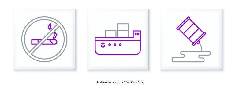 Set line Barrel oil leak, No Smoking and Oil tanker ship icon. Vector