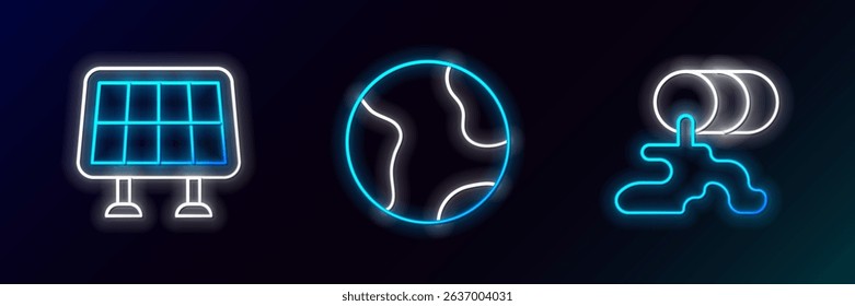 Set line Barrel oil leak, Solar energy panel and Earth globe icon. Glowing neon. Vector