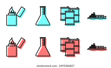 Set line Barrel oil, Lighter, Oil petrol test tube and Oil tanker ship icon. Vector