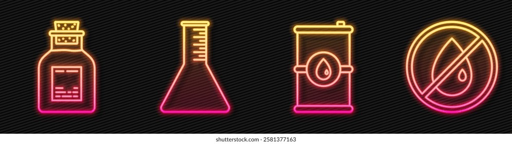 Set line Barrel oil, Oil petrol test tube, Oil petrol test tube and No oil drop. Glowing neon icon. Vector