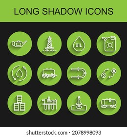 Set line Barrel oil, Oil platform in the sea, Canister motor, rig with fire, railway cistern, exchange and Industry pipe icon. Vector