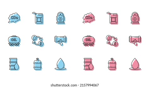 Set line Barrel oil, Propane gas tank, CO2 emissions in cloud, Oil drop, exchange, water transfer, convert, Broken metal pipe with leaking, railway cistern and Canister for gasoline icon. Vector