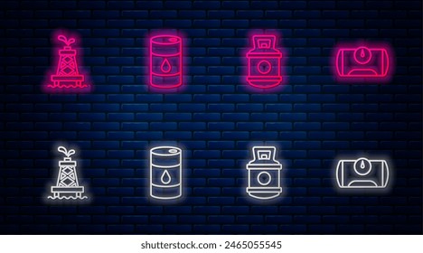 Set line Barrel oil, Propane gas tank, Oil rig and Gas for vehicle. Glowing neon icon on brick wall. Vector