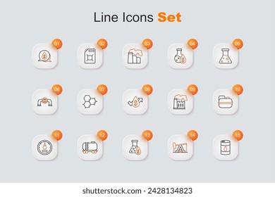 Set line Barrel oil, Oil pump or pump jack, petrol test tube, railway cistern, Motor gas gauge, Canister for gasoline, and industrial factory and price increase icon. Vector