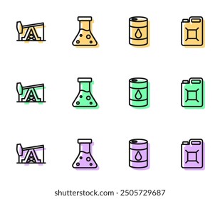 Set line Barrel oil, Oil pump or pump jack, petrol test tube and Canister for gasoline icon. Vector