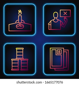 Set line Barrel oil, Barrel oil, Oil rig with fire and Nature saving protest. Gradient color icons. Vector
