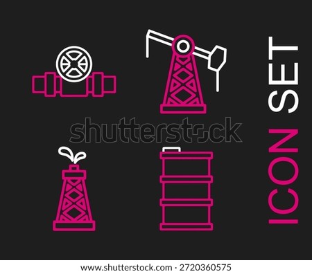 Set line Barrel oil, Oil rig, pump or pump jack and Metallic pipes and valve icon. Vector