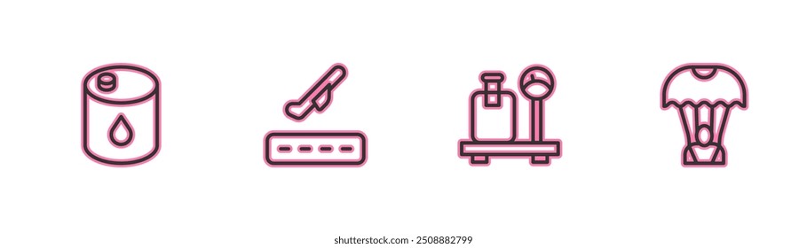 Set line Barrel oil, Scale with suitcase, Plane takeoff and Parachute icon. Vector