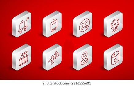 Set line Barrel oil, Suitcase, Plane, Clock, Location, Trolley baggage, Warning aircraft and  icon. Vector