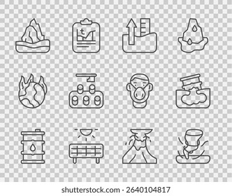 Set line Barrel oil, Tornado, Rise in water level, Solar energy panel, Iceberg, Deforestation, Volcano eruption with lava and leak icon. Vector