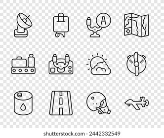 Set line Barrel oil, UAV Drone, Aircraft steering helm, Airport runway, Radar, Modern pilot helmet and Plane propeller icon. Vector