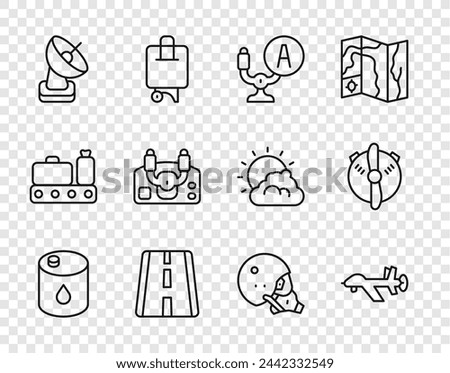 Set line Barrel oil, UAV Drone, Aircraft steering helm, Airport runway, Radar, Modern pilot helmet and Plane propeller icon. Vector