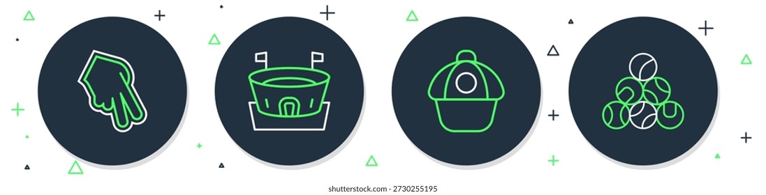 Set line Baseball arena, cap, glove and  icon. Vector