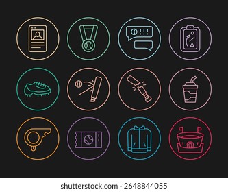 Set line Baseball arena, Paper glass with water, Speech bubble chat baseball, bat, boot, card, Broken and Medal icon. Vector