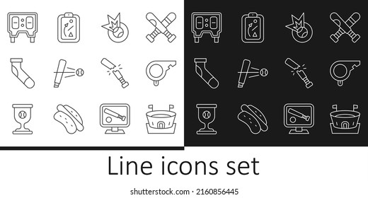 Set line Baseball arena, Whistle, bat with, sock, mechanical scoreboard, Broken baseball and Planning strategy icon. Vector