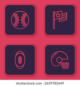 Set line Baseball ball, American Football, flag and football helmet. Blue square button. Vector
