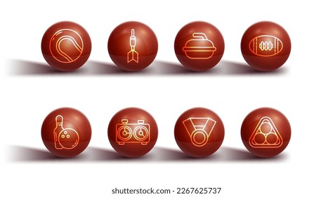 Set line Baseball ball, Bowling pin and, American Football, Medal, Time chess clock, Dart arrow, Billiard balls rack triangle and Stone for curling sport game icon. Vector