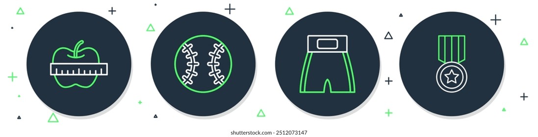 Set line Baseball ball, Boxing short, Apple and measuring tape and Medal icon. Vector