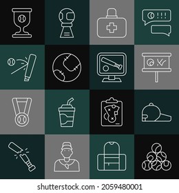 Set line Baseball ball, cap, Planning strategy, First aid kit, bat with, Award cup baseball and Monitor game icon. Vector