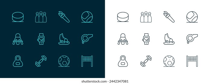 Set line Baseball ball, Dumbbell, Skates, Soccer football, Smart watch with heart, Torch flame, Hockey puck and Bowling pin icon. Vector