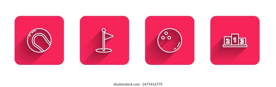 Fije la línea de la pelota de béisbol, la bandera del golf, el boliche y el premio sobre el podio del ganador del deporte con la sombra larga. Botón cuadrado rojo. Vector