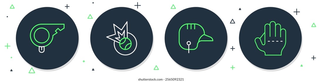 Set line Baseball ball, helmet, Whistle and glove icon. Vector