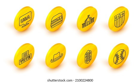Set line Baseball ball, Hotdog sandwich, Western cowboy hat, Vote box, Shield with stars, United States Capitol Congress, Burger and USA Independence day icon. Vector