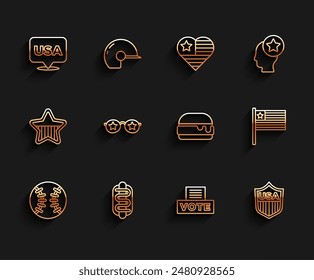 Set line Baseball ball, Hotdog sandwich, USA Independence day, Vote box, Shield with stars, Glasses, American flag and Burger icon. Vector