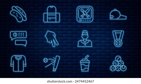 Set line Baseball ball, Medal with baseball, Monitor game, glove, Speech bubble chat, Hotdog sandwich, coach and Sport bag icon. Vector
