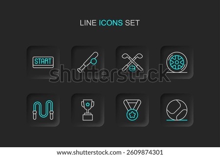 Set line Baseball ball, Medal, Award cup, Jump rope, Car wheel, Ice hockey sticks and puck, bat with and Ribbon in finishing line icon. Vector