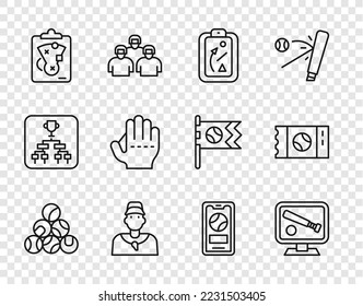 Set line Baseball ball, Monitor with baseball game, Planning strategy, coach, glove, Mobile and ticket icon. Vector