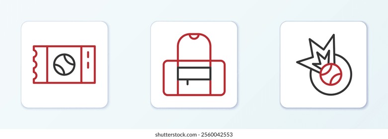 Set line Baseball ball, ticket and Sport bag icon. Vector