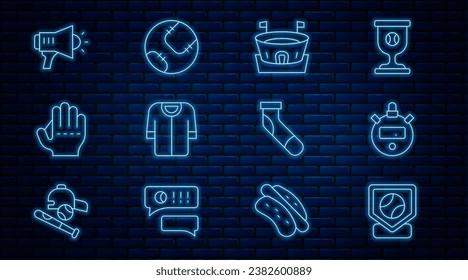 Set line Baseball base, Stopwatch, arena, t-shirt, glove, Megaphone, sock and  icon. Vector