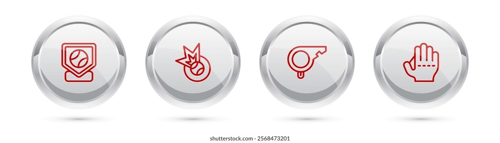 Set line Baseball base, , Whistle and glove. Silver circle button. Vector