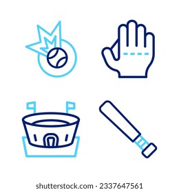 Set line Baseball bat, arena, glove and  icon. Vector