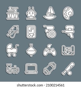 Fija línea Bate de béisbol con bola, mapa del tesoro pirata, cañón de agua, bote de juguetes, juego electrónico Tetris, caballo, palos de tambor y icono de juguete Yoyo. Vector