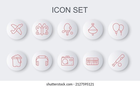 Set line Baseball bat with ball, Sand in bucket, Racket, Music synthesizer, Toy plane, Butterfly, Headphones and Photo camera icon. Vector