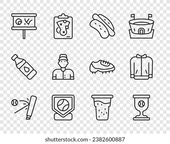 Set line Baseball bat with ball, Award cup baseball, Hotdog sandwich, Planning strategy, player, Glass of beer and t-shirt icon. Vector