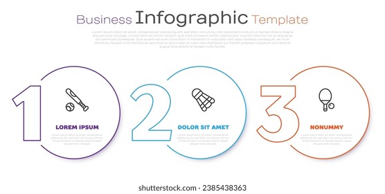 Set line Baseball bat with ball, Badminton shuttlecock and Racket and. Business infographic template. Vector