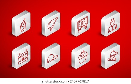 Set line Baseball bat with ball, hat, Whistle, mechanical scoreboard, player, cap, Paper glass water,  and arena icon. Vector