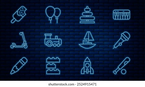 Set line Baseball bat with ball, Microphone, Pyramid toy, Toy train, Roller scooter, Ice cream, boat and Balloons icon. Vector