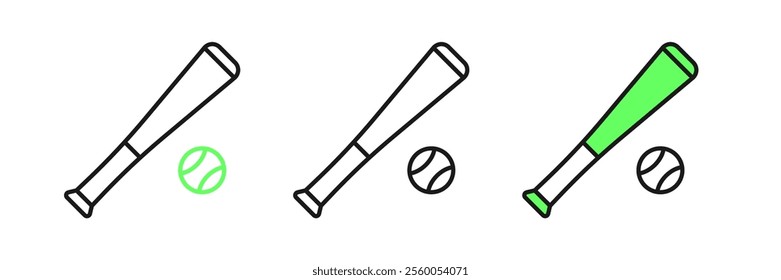 Set line Baseball bat with ball icon isolated on white background.  Vector