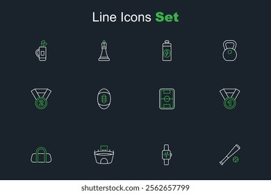 Set line Baseball bat with ball, Smart watch heart, Stadium, Sport bag, Medal, Football field, American and  icon. Vector