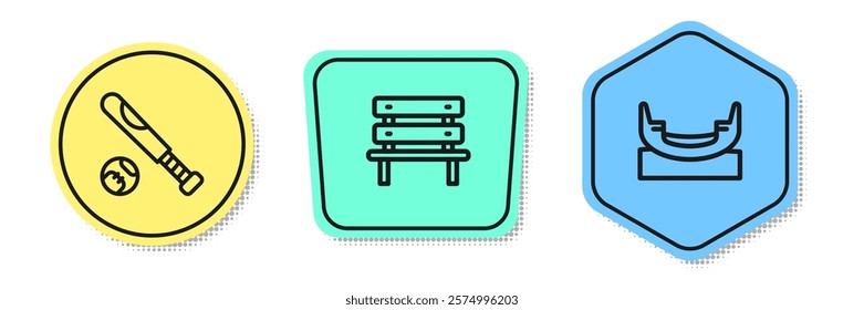 Set line Baseball bat with ball, Bench and Boat swing. Colored shapes. Vector