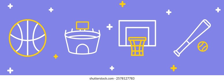 Set line Baseball bat with ball, Basketball backboard, Stadium and  icon. Vector