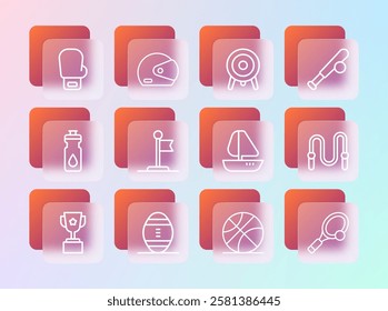 Set line Baseball bat with ball, American Football, Yacht sailboat, Basketball, Flag, Target sport, Boxing glove and Racing helmet icon. Vector