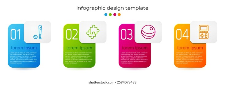 Set line Baseball bat with ball, Puzzle pieces toy, Beach and Tetris electronic game. Business infographic template. Vector